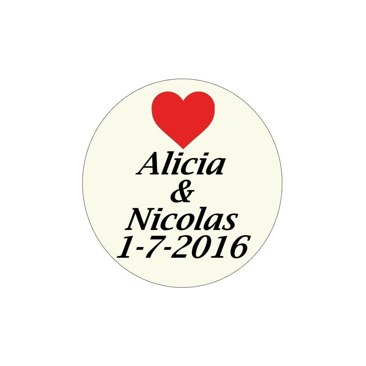 Adhesivo personalizado boda con corazón rojo, nombres y fecha