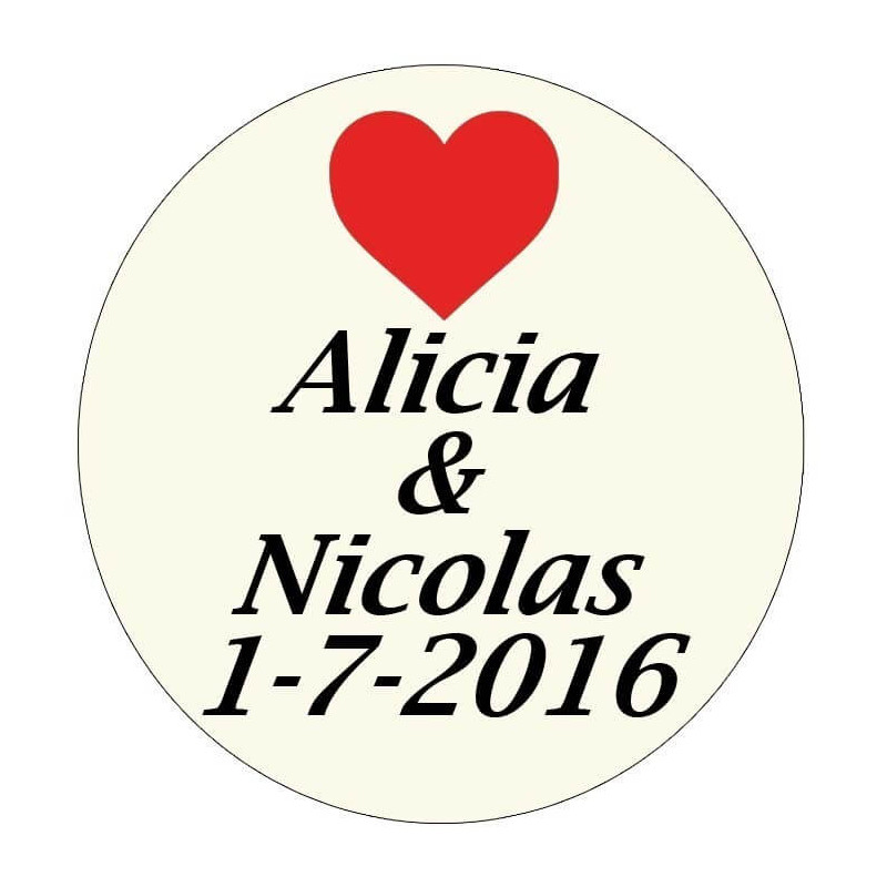 Adhesivo personalizado boda con corazón rojo, nombres y fecha