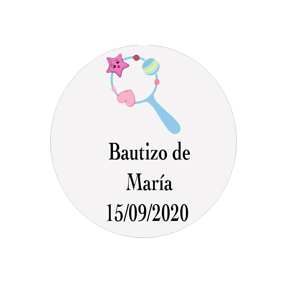 Adhesivo 3cm bautizo personalizado con diseño de sonajero