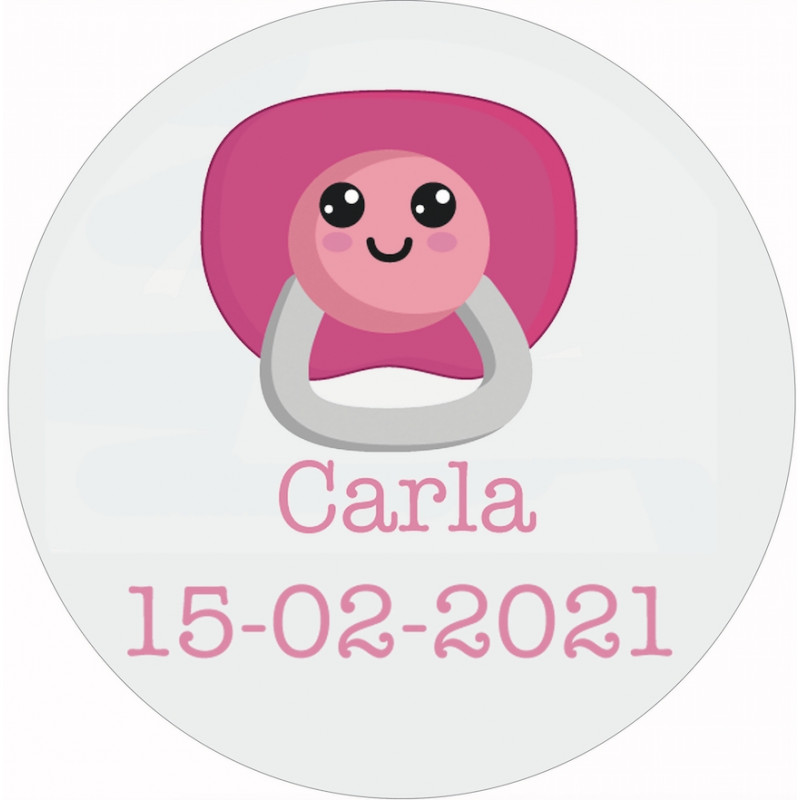 Adhesivo personalizado para bautizo 3cm con diseño de chupete rosa