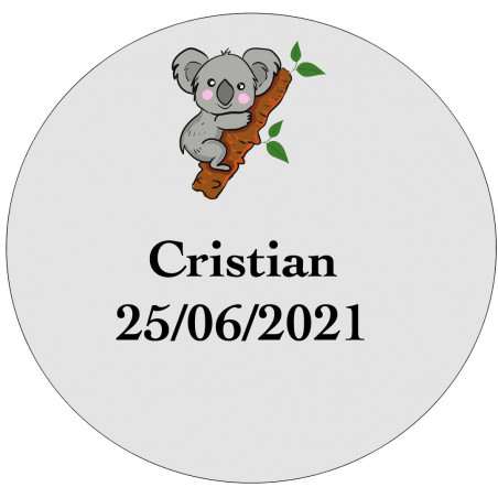 Adhesivo koala personalizado de 3cm para bautizos, comuniones y cumpleaños