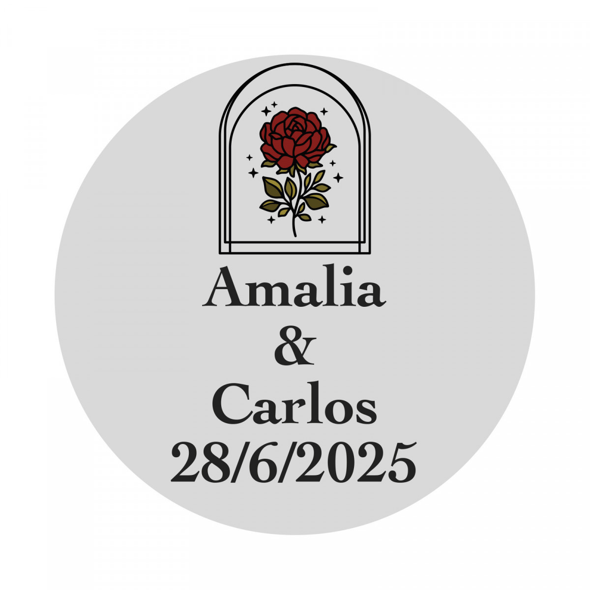 Adhesivo boda personalizado con diseño de rosa en cúpula