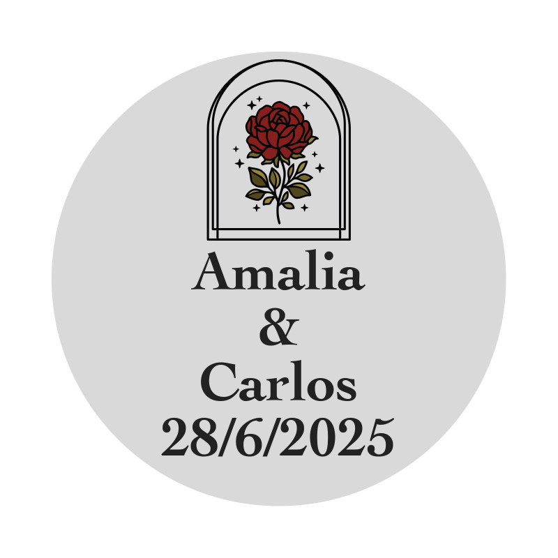 Adhesivo boda personalizado con diseño de rosa en cúpula