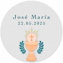 Adhesivo comunión personalizado con diseño de cáliz 3cm y fondo transparente
