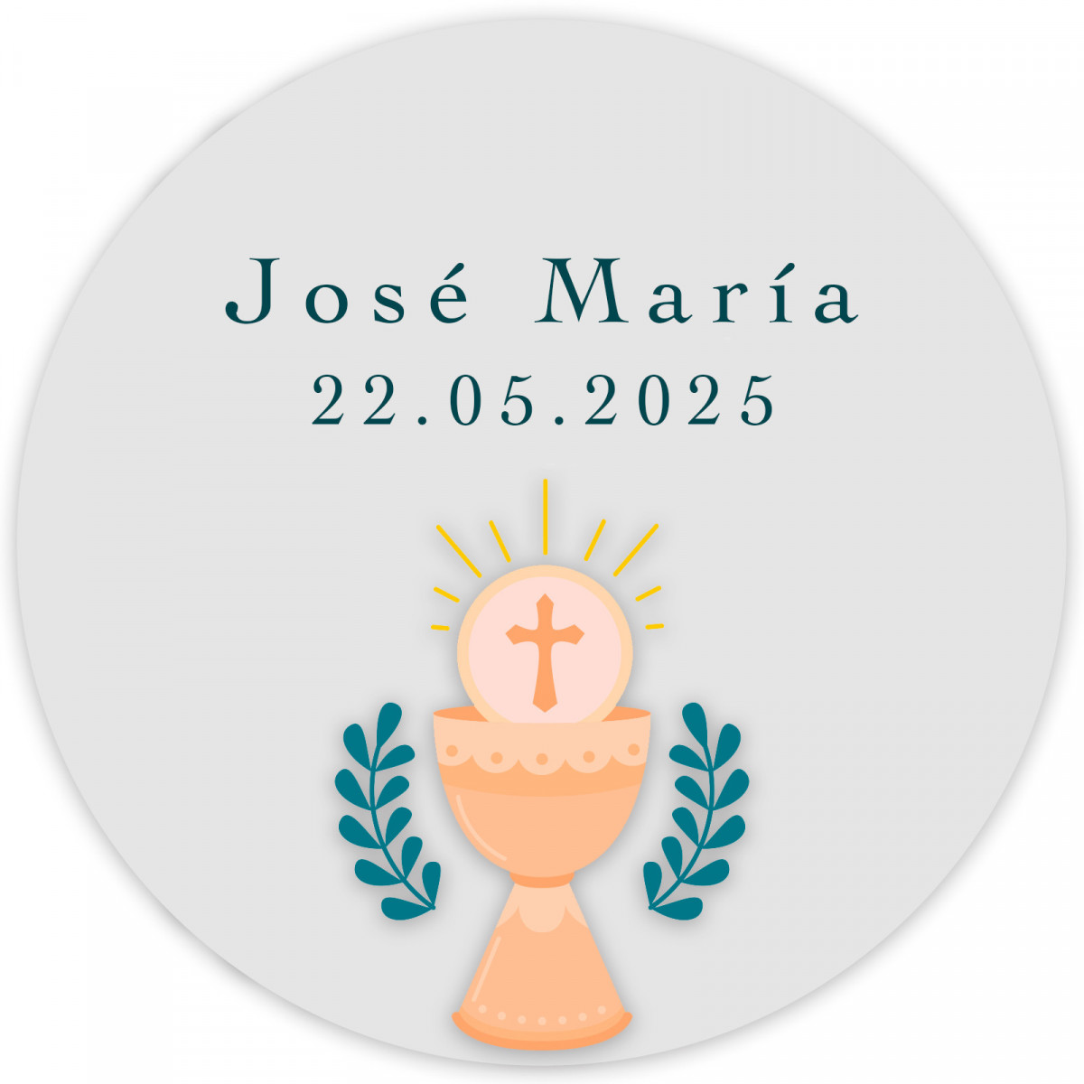 Adhesivo comunión personalizado con diseño de cáliz 3cm y fondo transparente