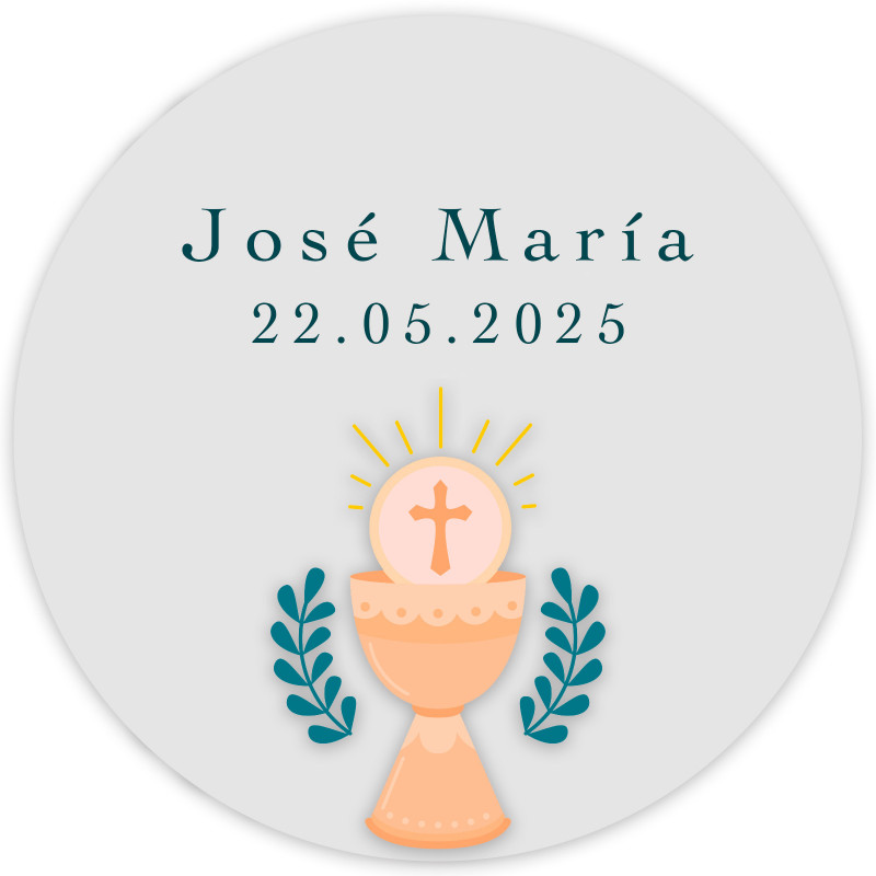 Adhesivo comunión personalizado con diseño de cáliz 3cm y fondo transparente