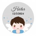 Adhesivo bautizo niño de 3cm personalizado con diseño de ángel transparente