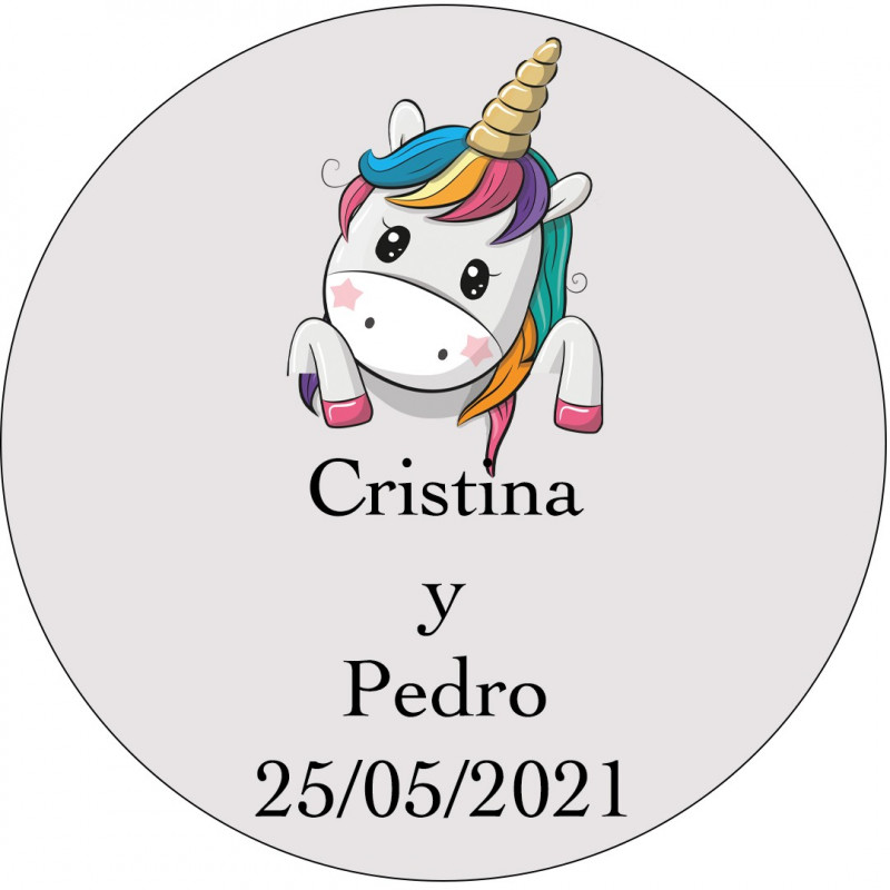 Adhesivo unicornio boda personalizado 3cm con fondo transparente