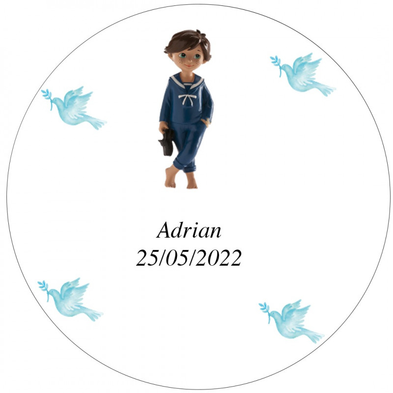 Adhesivo 3cm comunión niño personalizado con nombre y fecha fondo transparente