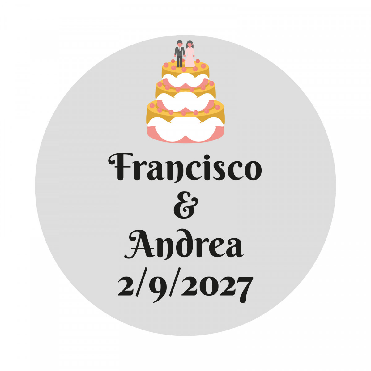 Adhesivo 3cm boda personalizado con diseño de tarta nupcial y fondo transparente