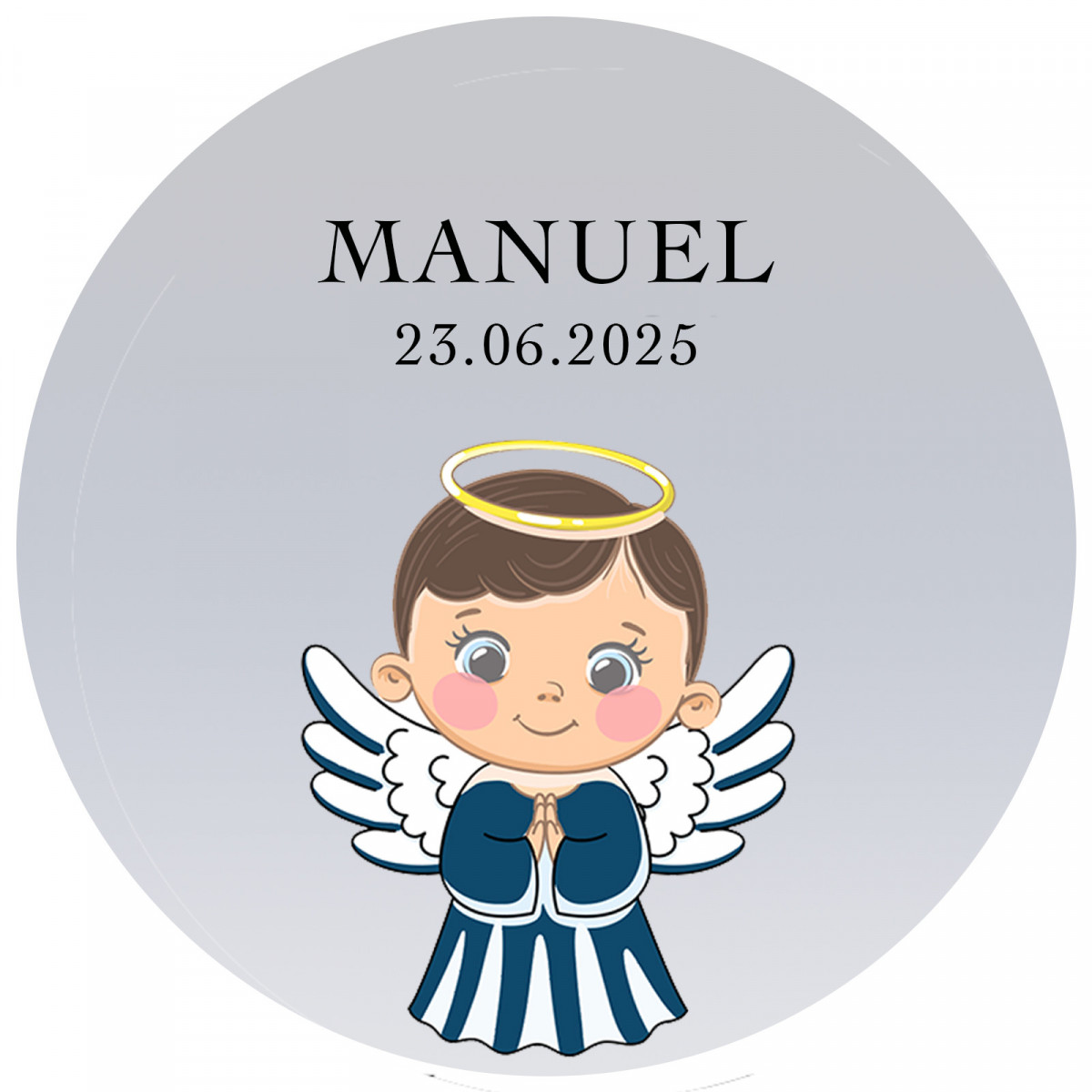 Adhesivo comunión niño con diseño de ángel personalizado 3cm con fondo transparente