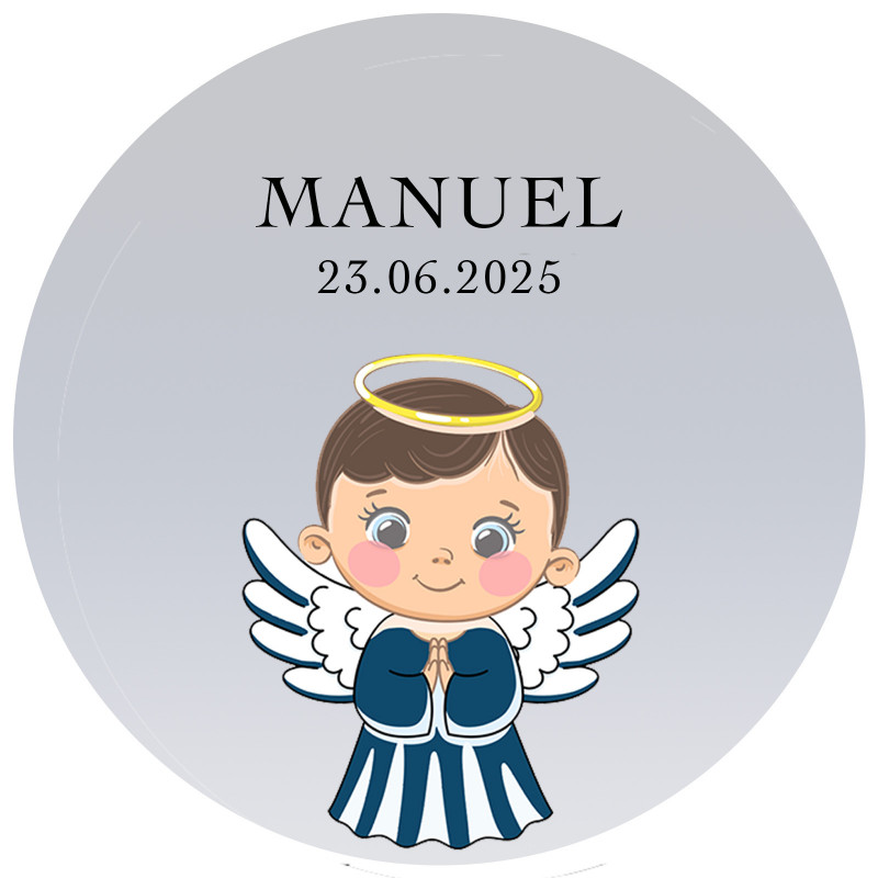 Adhesivo comunión niño con diseño de ángel personalizado 3cm con fondo transparente