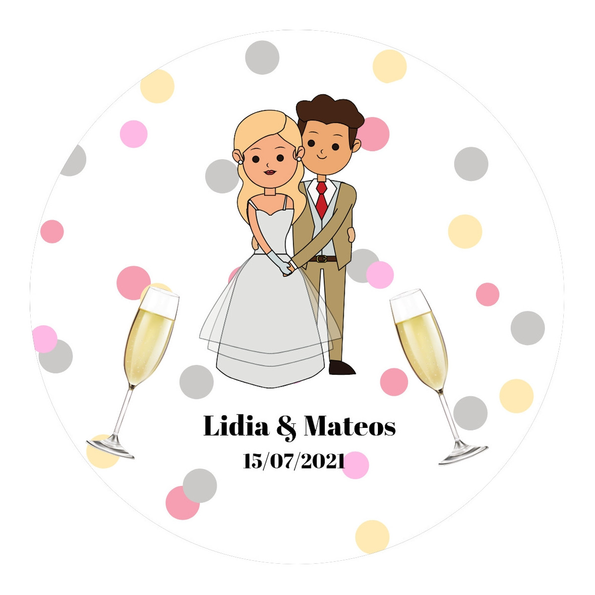 Adhesivo para boda personalizado con pareja de novios y copas 3cm