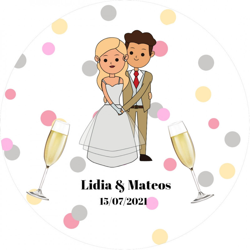 Adhesivo para boda personalizado con pareja de novios y copas 3cm