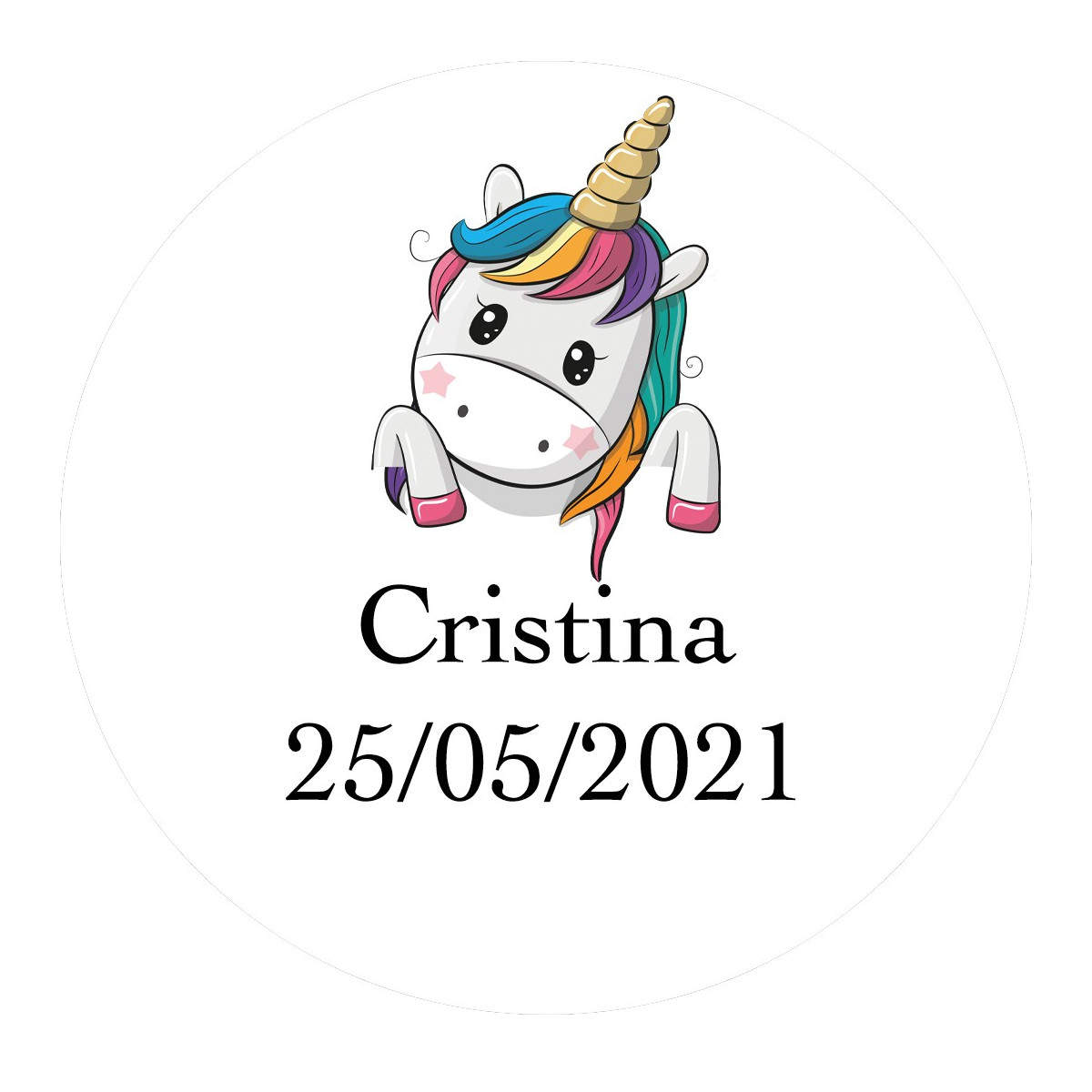 Adhesivo unicornio personalizado para comuniones bautizos y cumpleaños 3cm
