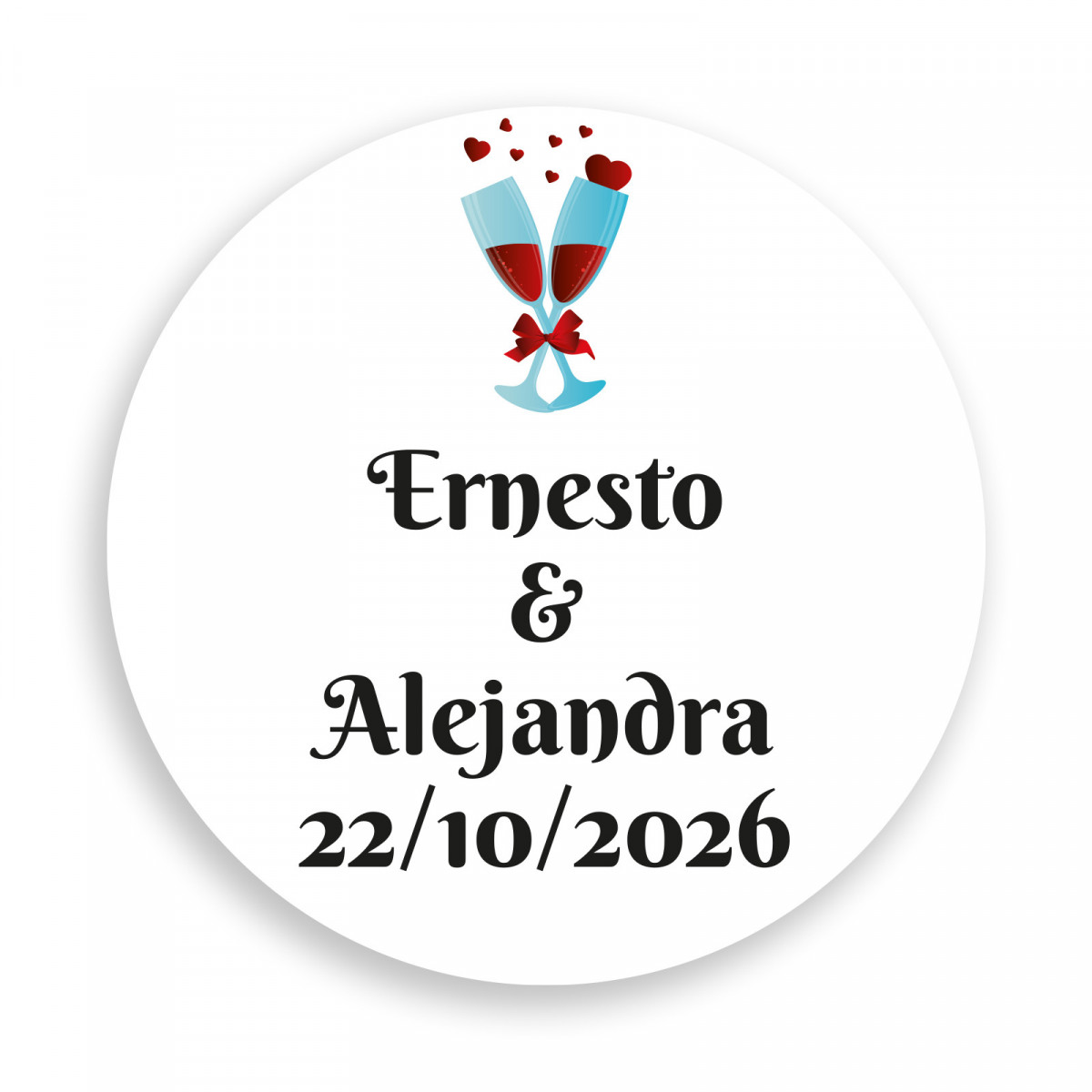 Adhesivo 3cm fondo blanco personalizado con copas de brindis