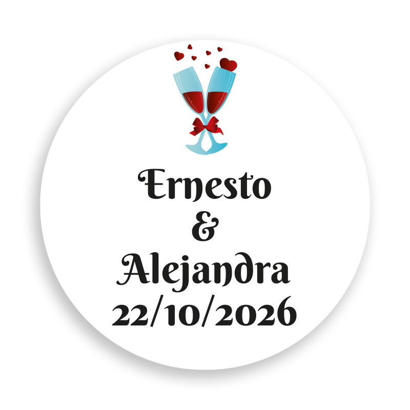 Adhesivo 3cm fondo blanco personalizado con copas de brindis