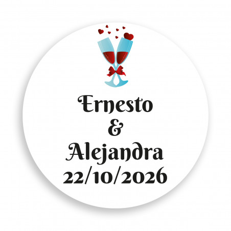 Adhesivo 3cm fondo blanco personalizado con copas de brindis