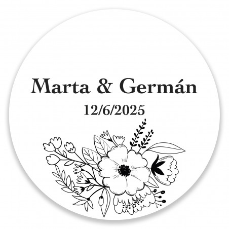 Adhesivo personalizado floral blanco y negro para bodas y eventos 3cm