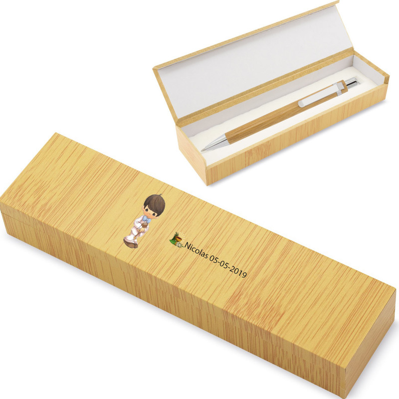 Bolígrafo de bambú en caja personalizada para comunión