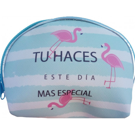 Pack detalle de boda con monedero bolígrafo pintalabios espejo personalizado y caja con diseño de flamencos