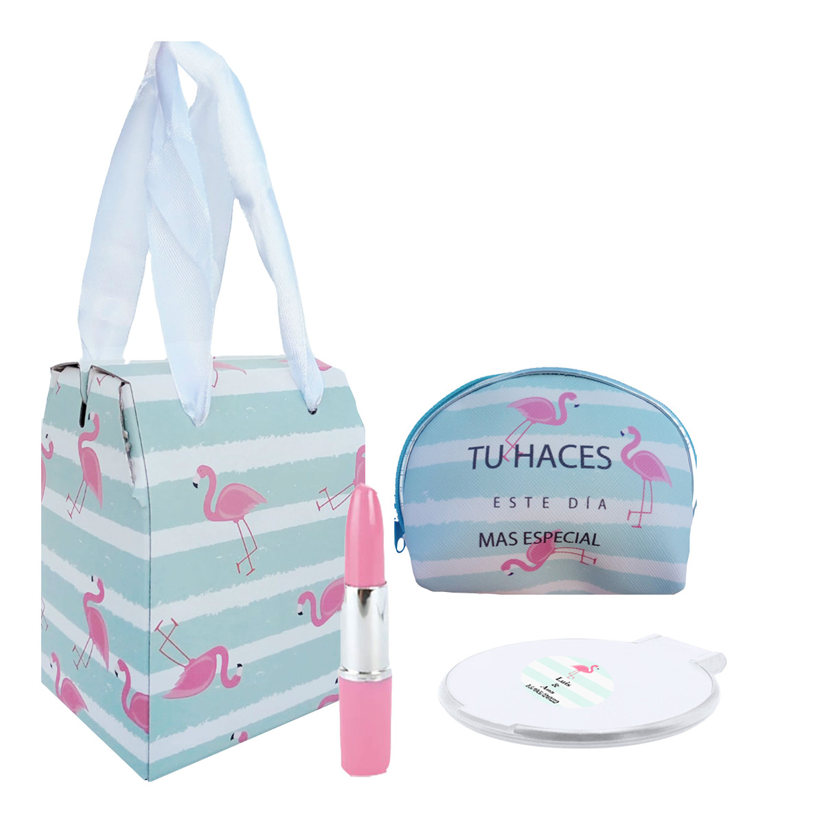 Pack detalle de boda con monedero bolígrafo pintalabios espejo personalizado y caja con diseño de flamencos