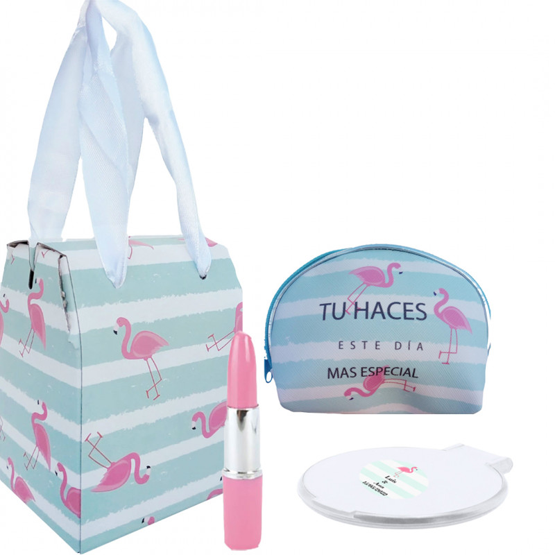 Pack detalle de boda con monedero bolígrafo pintalabios espejo personalizado y caja con diseño de flamencos
