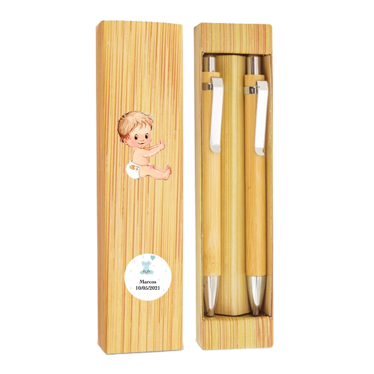 Bolígrafo y lápiz infinito de bambú en caja personalizada