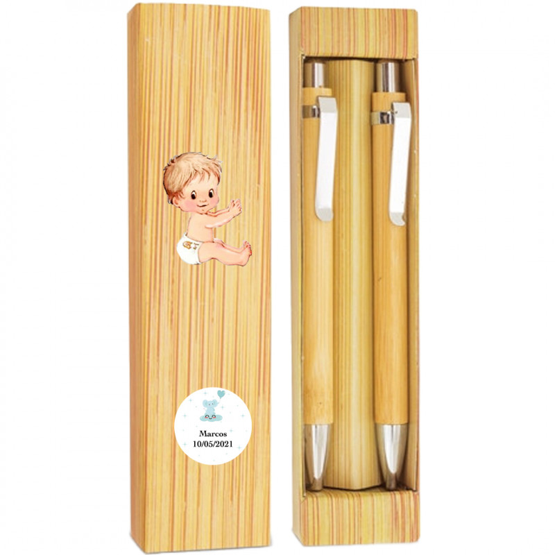 Bolígrafo y lápiz infinito de bambú en caja personalizada