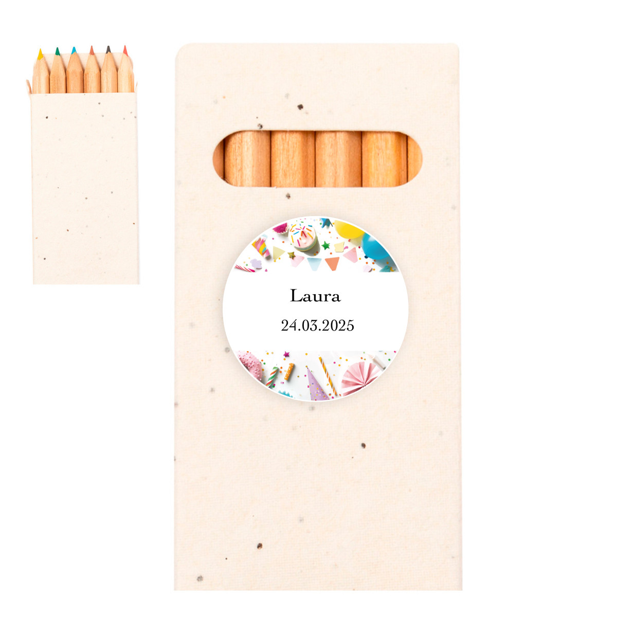 Lápices de colores con semillas en estuche de cartón y adhesivo personalizable para detalles