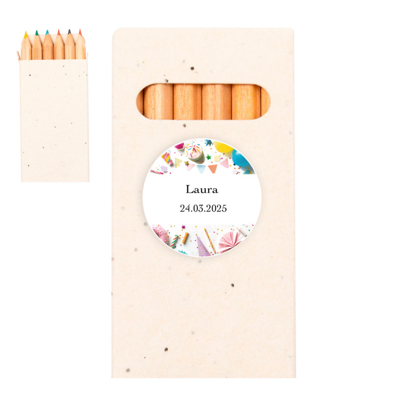 Lápices de colores con semillas en estuche de cartón y adhesivo personalizable para detalles