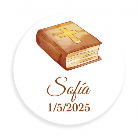 Adhesivo comunión personalizado con biblia y nombre 5cm
