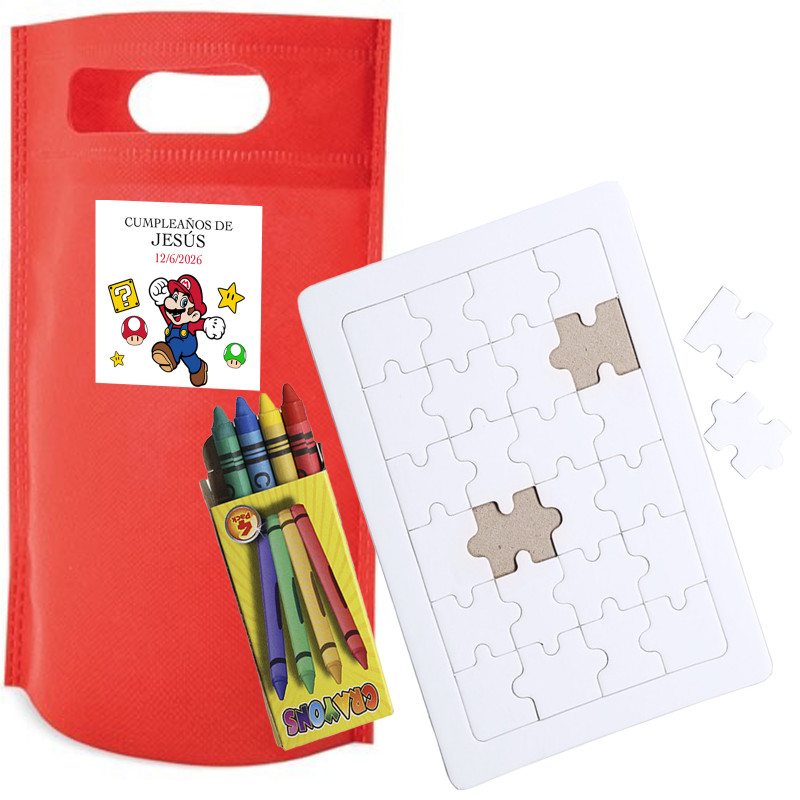 Puzzle para pintar con bolsa y adhesivo super mario para detalles de cumpleaños