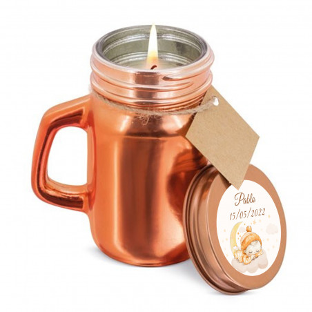 Vela en jarra de cristal personalizada con adhesivo para bautizo