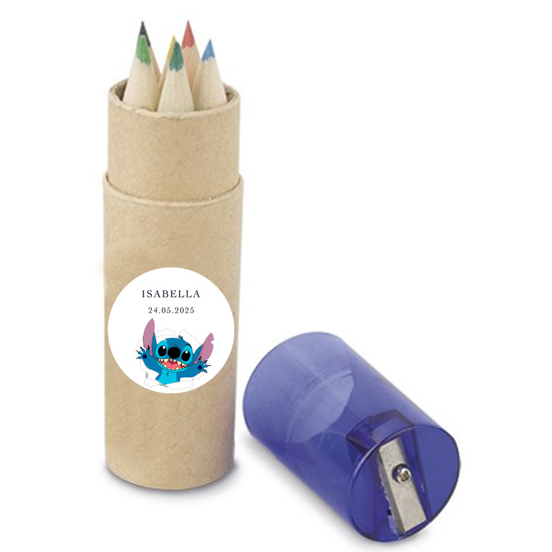 Set de lápices personalizado con adhesivo stitch para detalles de cumpleaños
