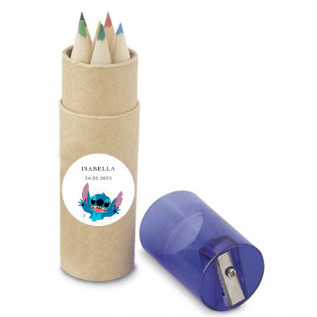 Set de lápices personalizado con adhesivo stitch para detalles de cumpleaños