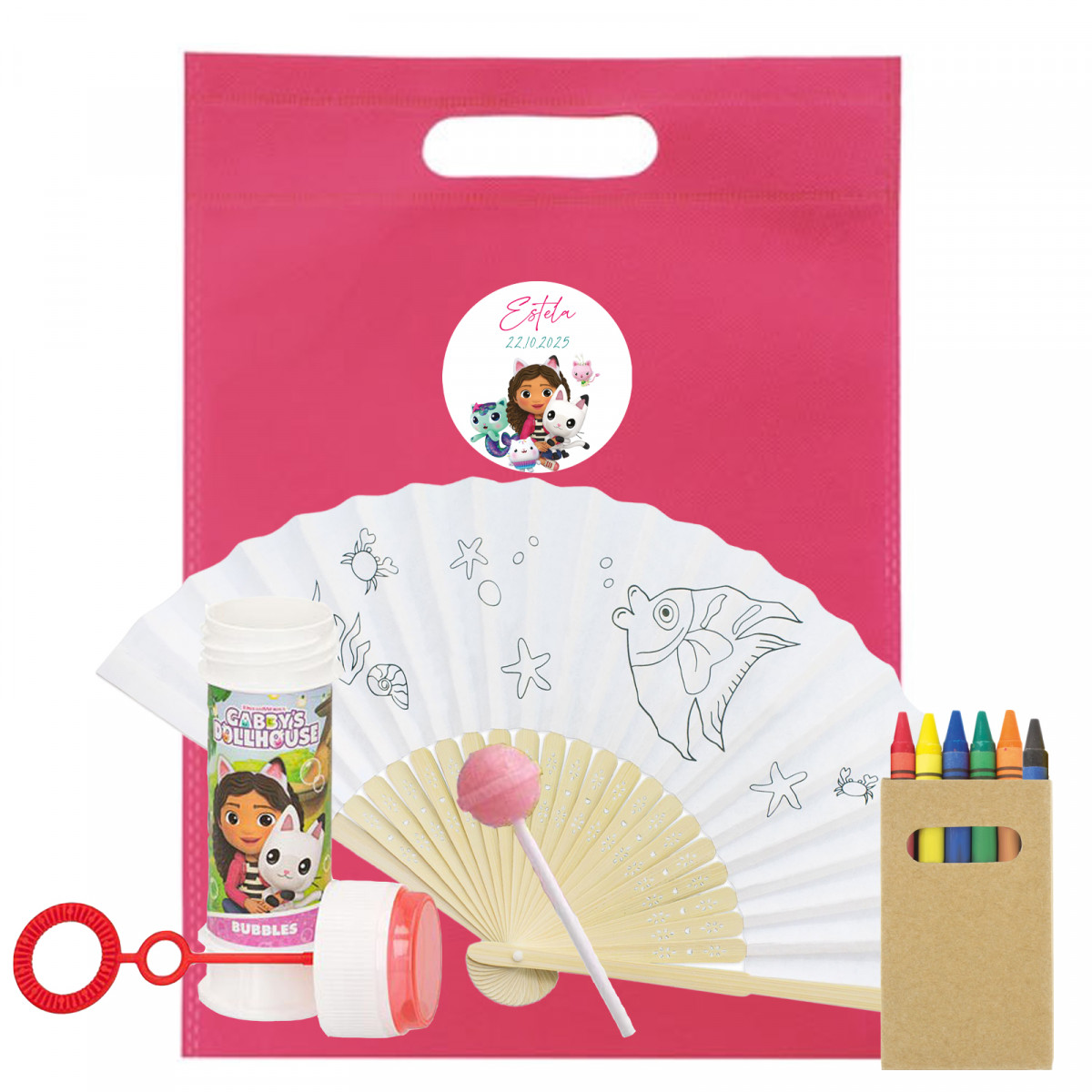 Gabby Gato Abanico para Colorear Pompero y Caramelo en Bolsa Fucsia con Adhesivo