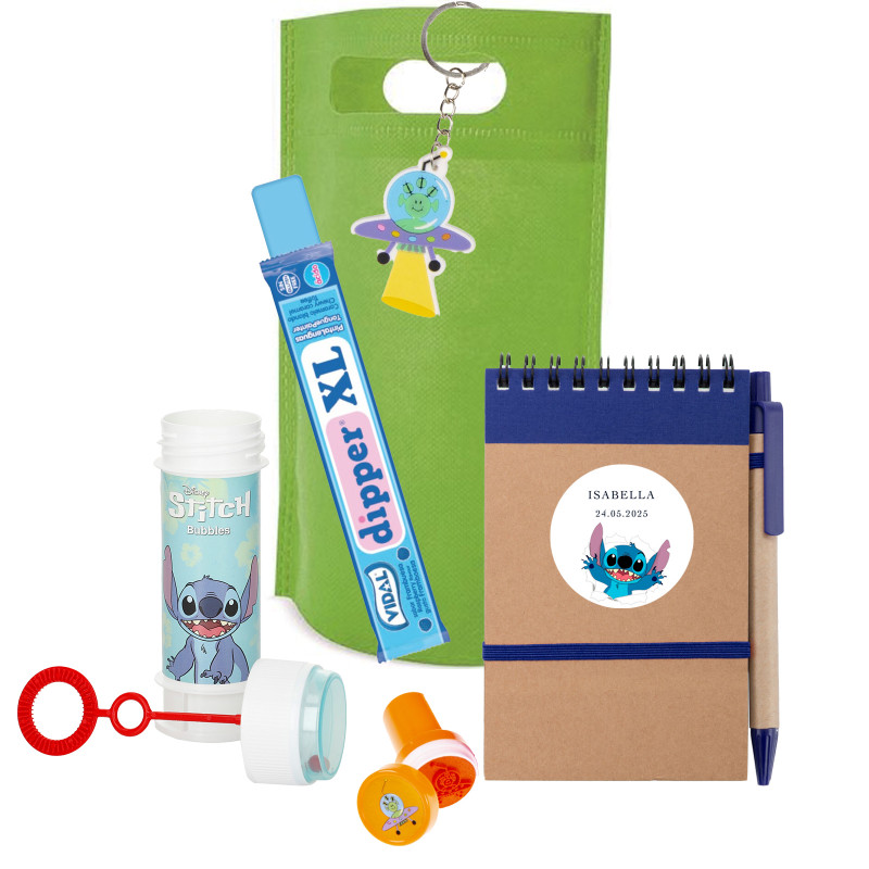 Stitch libreta pompero y llavero espacial en bolsa con chuche