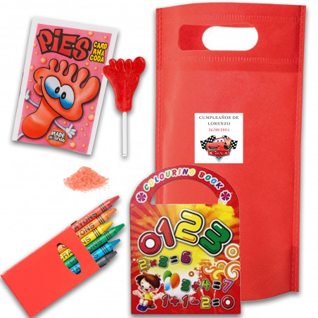 Cars detalles niños personalizados bolsa con chuche y set papeleria