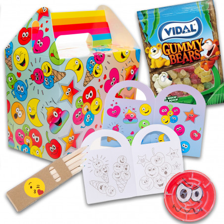 Emojis caja de emoción con juguetes y bolsas de gominolas