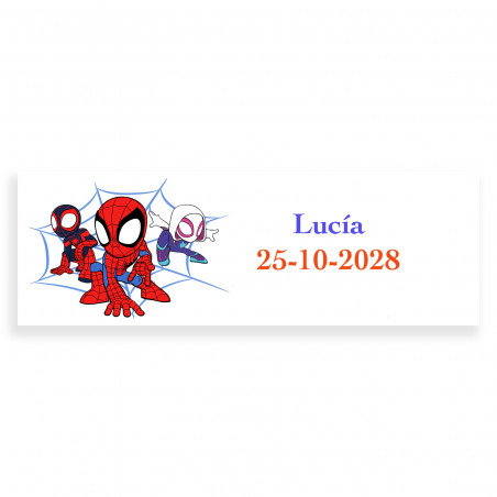 Spidey y su superequipo etiqueta adhesiva 6x2cm personalizada para eventos infantiles
