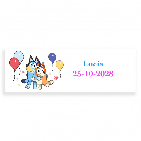 Bluey y bingo etiqueta 6x2cm adhesiva personalizada para eventos