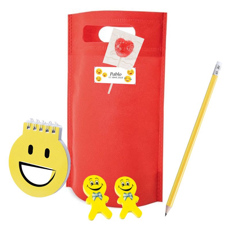 Emoji detalle infantil para eventos con libreta lápiz y gomas de borrar