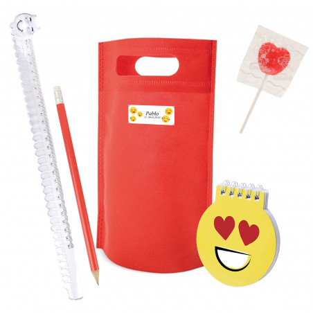 Emojis detalle infantil con artículos escolares y piruleta