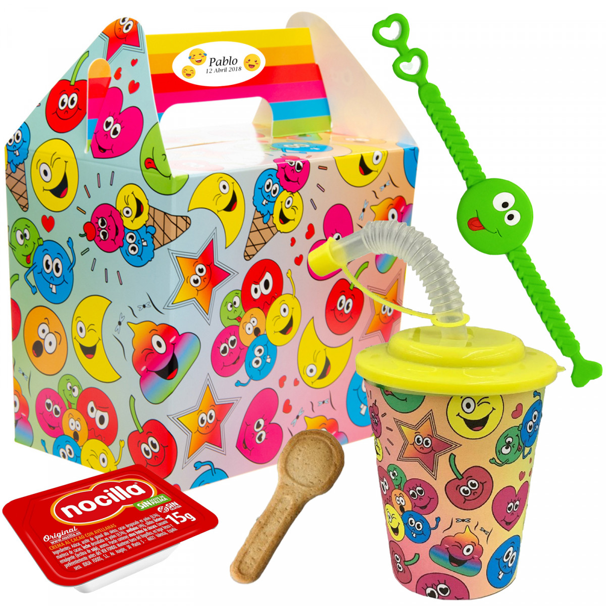 Emojis detalle infantil con vaso Nocilla y accesorios divertidos