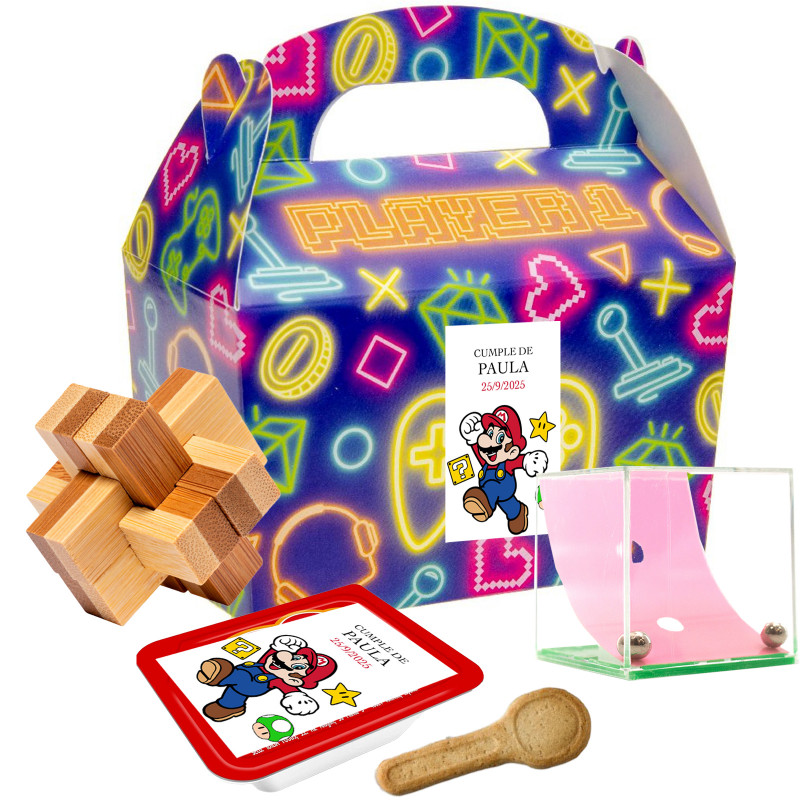 Super Mario Bros caja de regalo con juegos de habilidad y dulce