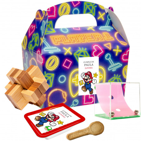 Super Mario Bros caja de regalo con juegos de habilidad y dulce