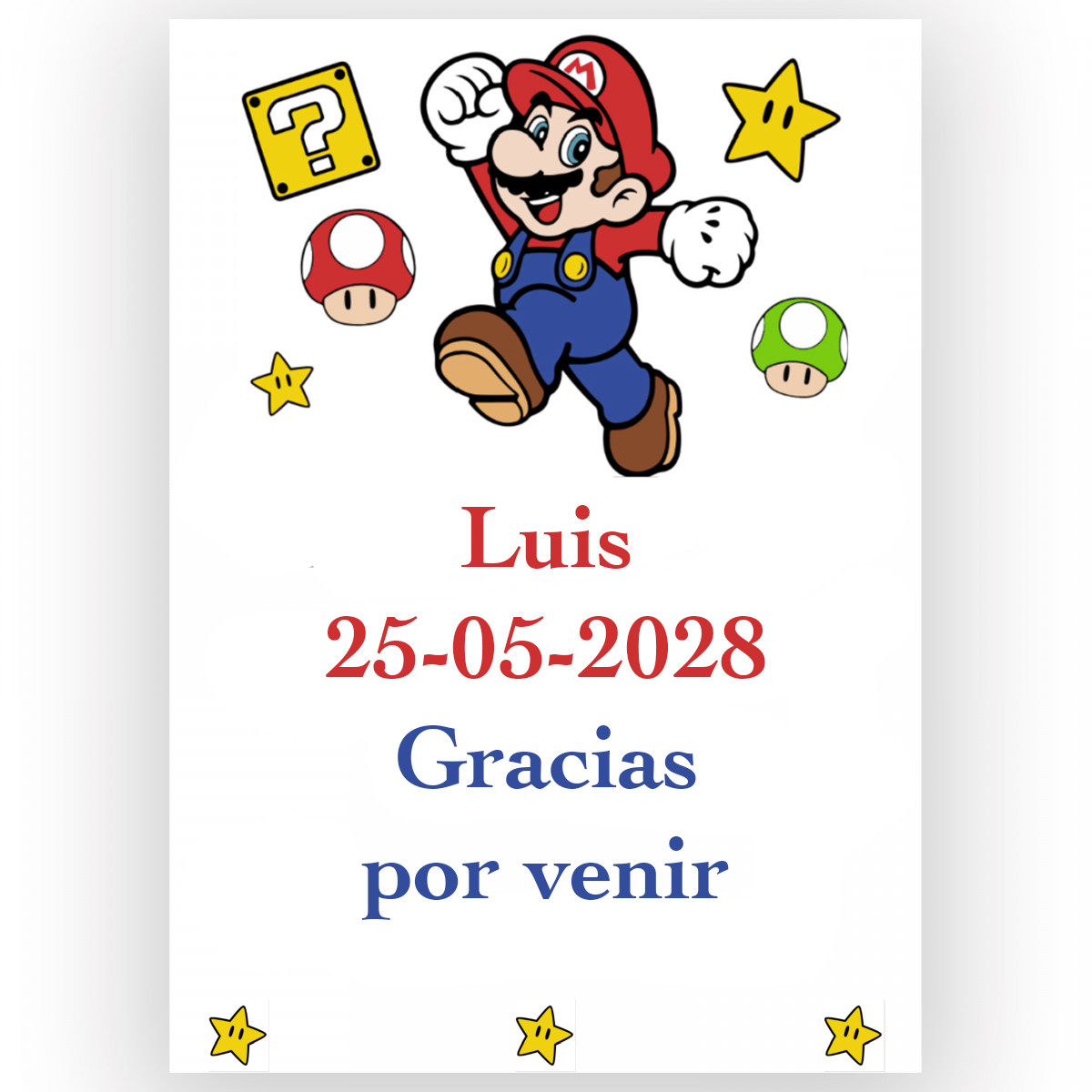 Mario Bros, etiqueta personalizada adhesiva 7x5cm para cumpleaños y eventos infantiles