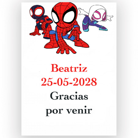 Spidey, adhesivo con texto personalizado 5x7cm para eventos infantiles