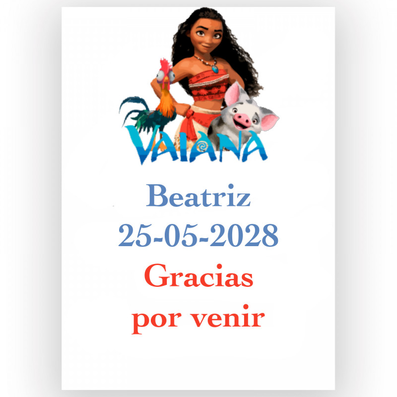 Vaiana Moana, adhesivo editable 5x7cm para eventos infantiles